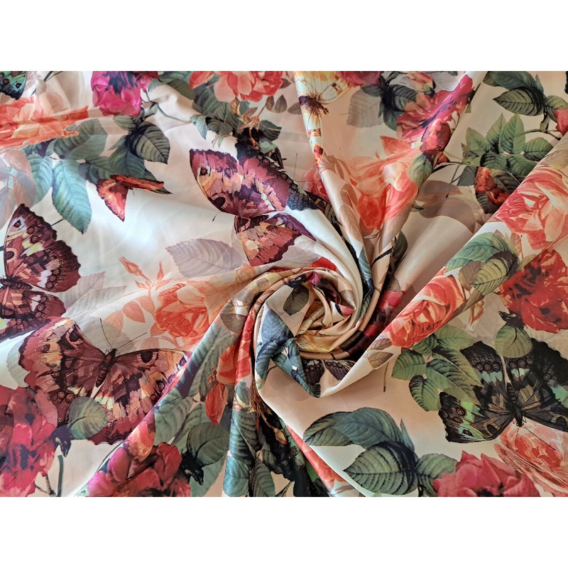 Peach Polyester Satin with Large Butterfly and Floral print - 4+ yards