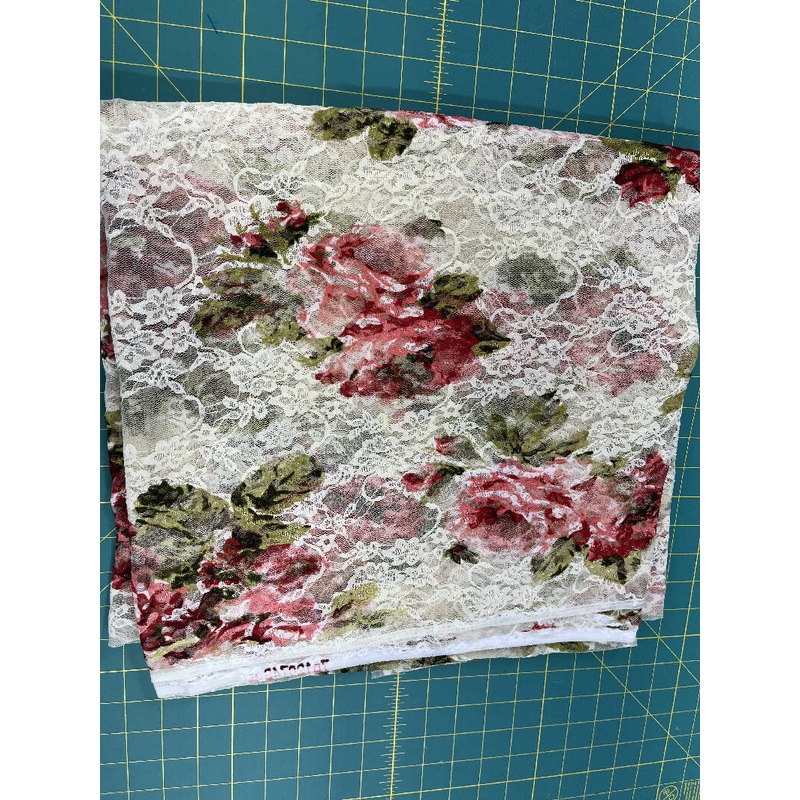 Stretch Lace Ecru with red/green floral motif 3yd 60
