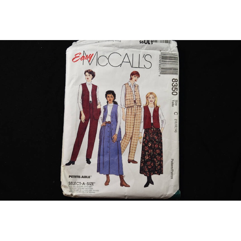 Vintage 1996 - McCall's 8350 Womens Misses Lined Vest, Pants, Skirt Sewing Pattern - Size 10 12 14 - Petite-Able Select-A-Size