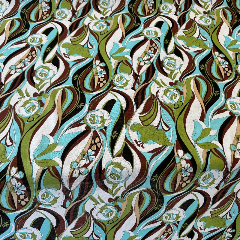 Aqua, White, Green, Brown, and Black Floral Pattern Print Cotton Woven - Yardage