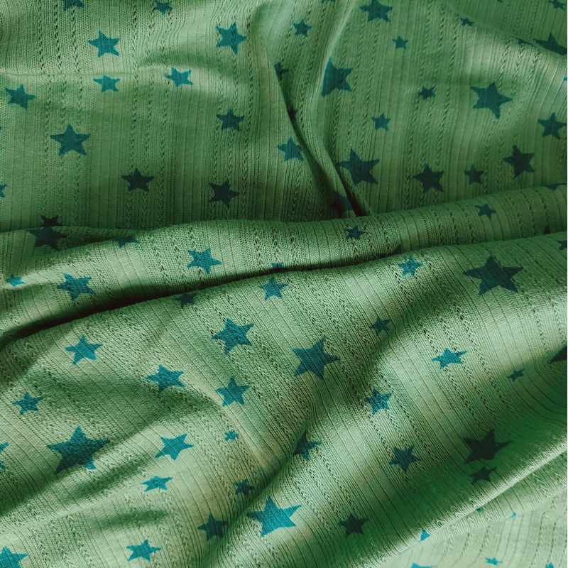 Green with Blue Stars Rib Knit Fabric