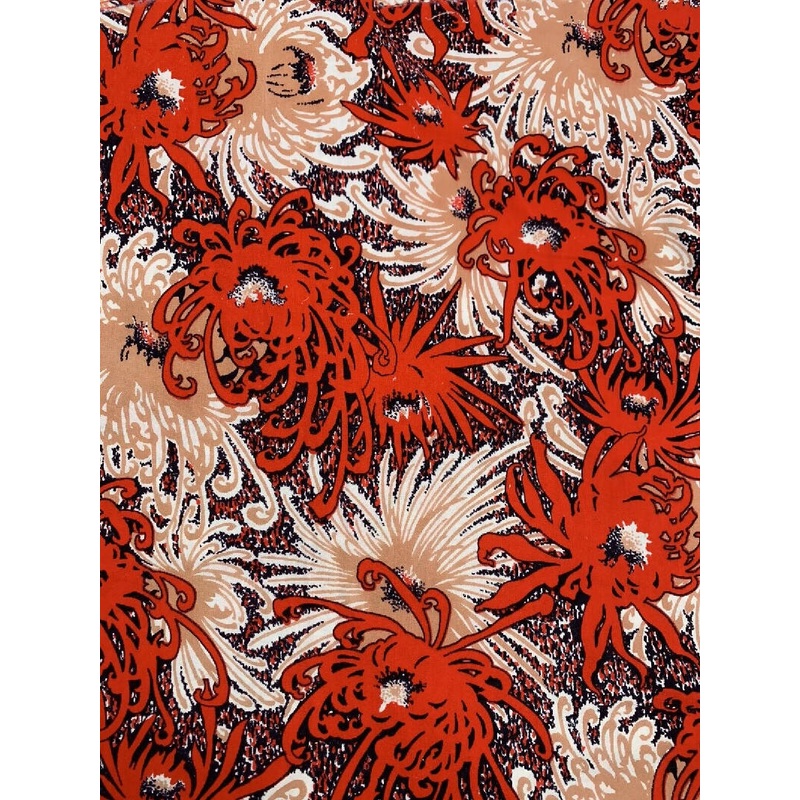 Vintage Large Floral Chrysanthemum Red Orange Black Apparel Cotton 2 yards x 50"