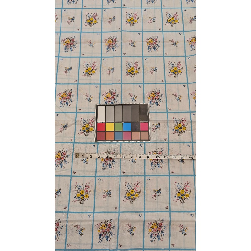 Vintage White/Aqua Grid & Floral Print Cotton Woven Fabric 44"W - 2 1/2 yds