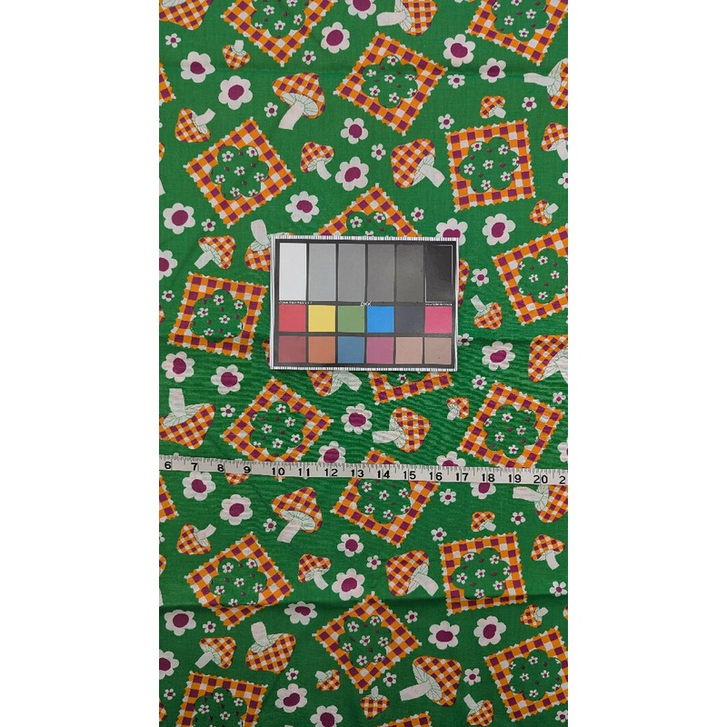 VTG Green/Orange/Red/White Mushroom & Floral Print Cotton Woven Fabric 44"W - 2 yds