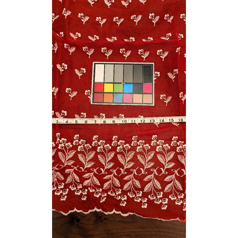 Vintage Red/White Embroidered Eyelet Organdy Woven Fabric 34"W - 3 3/4 yds+