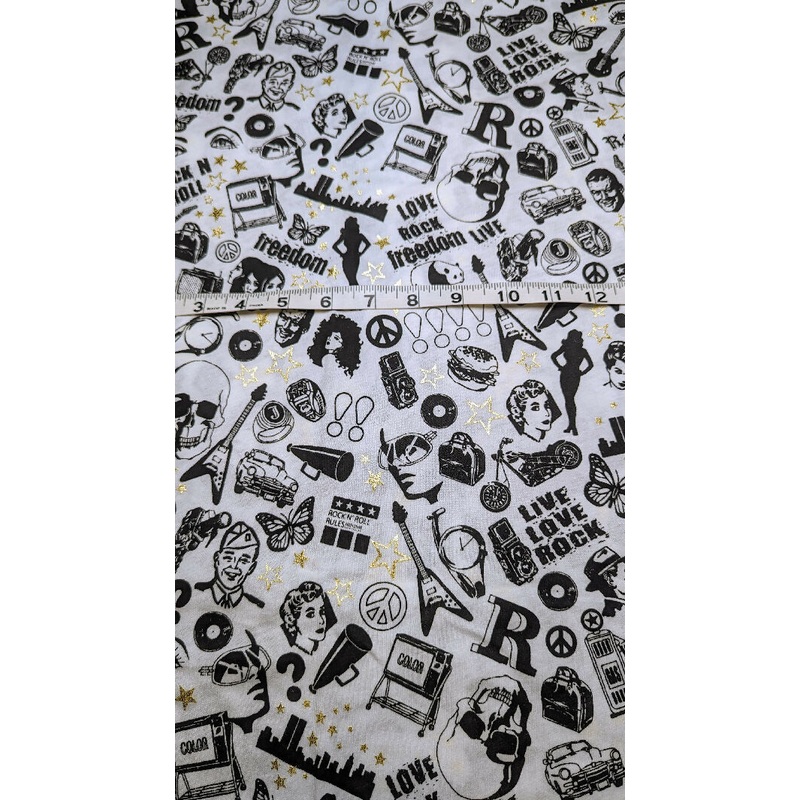 White/Black Rock & Roll Novelty Print Cotton Jersey Knit Fabric 62"W - 1 3/4 yds+